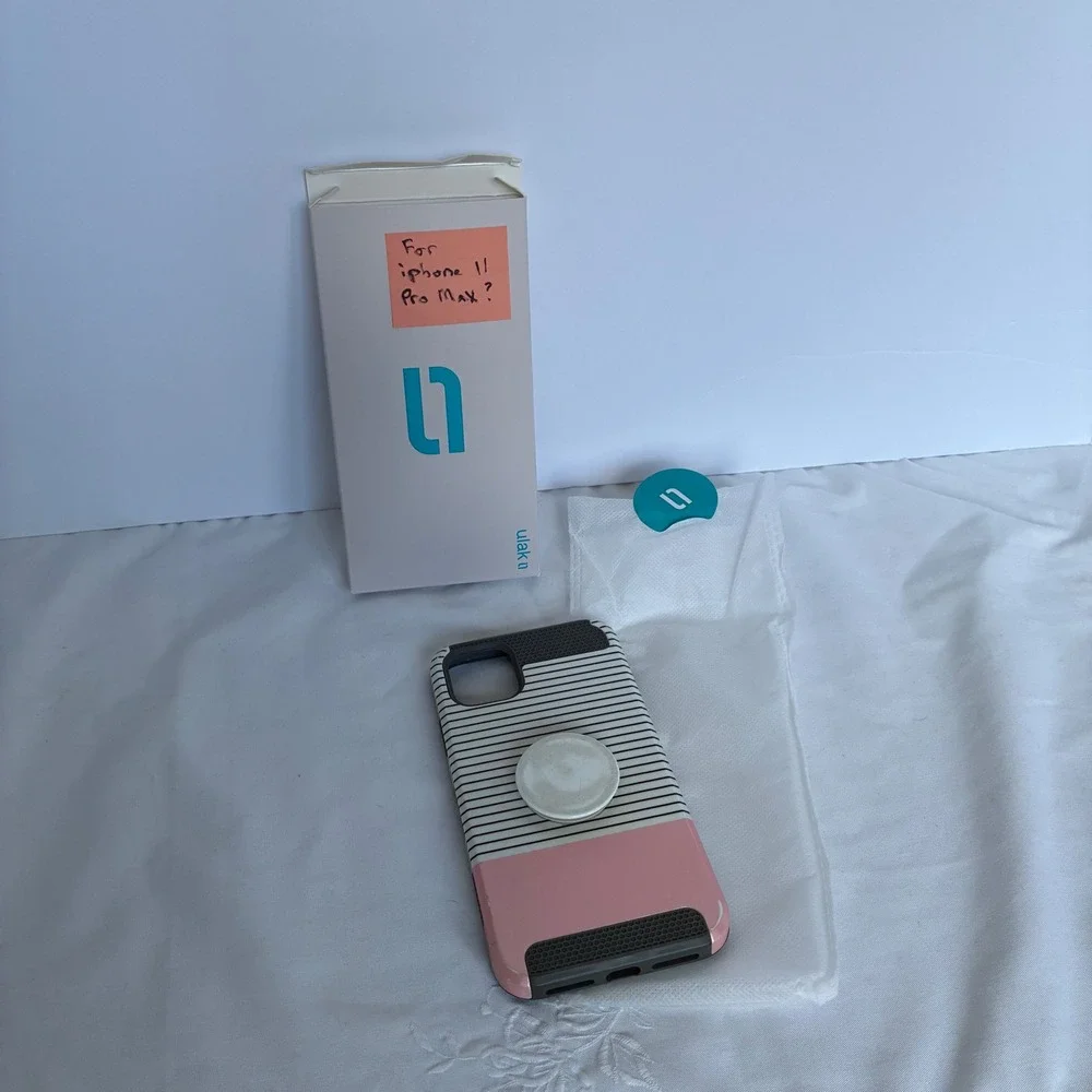 ULAK Phone Case iPhone 11 Pro Max Pink White Black Striped Hybrid PopSocket Case